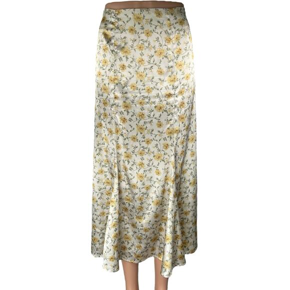 Lulus White Yellow Floral Silk Satin High Waisted Peasant Slip Midi Skirt Size M - Picture 1 of 6